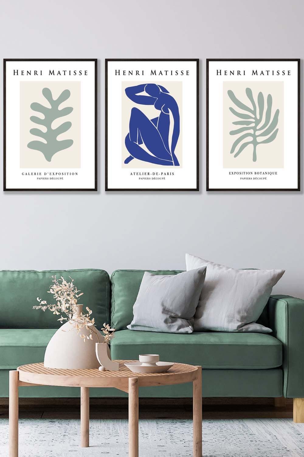 Set of 3 Black Framed Matisse Botanical Shapes with Nude in Green & Blue Wall Art